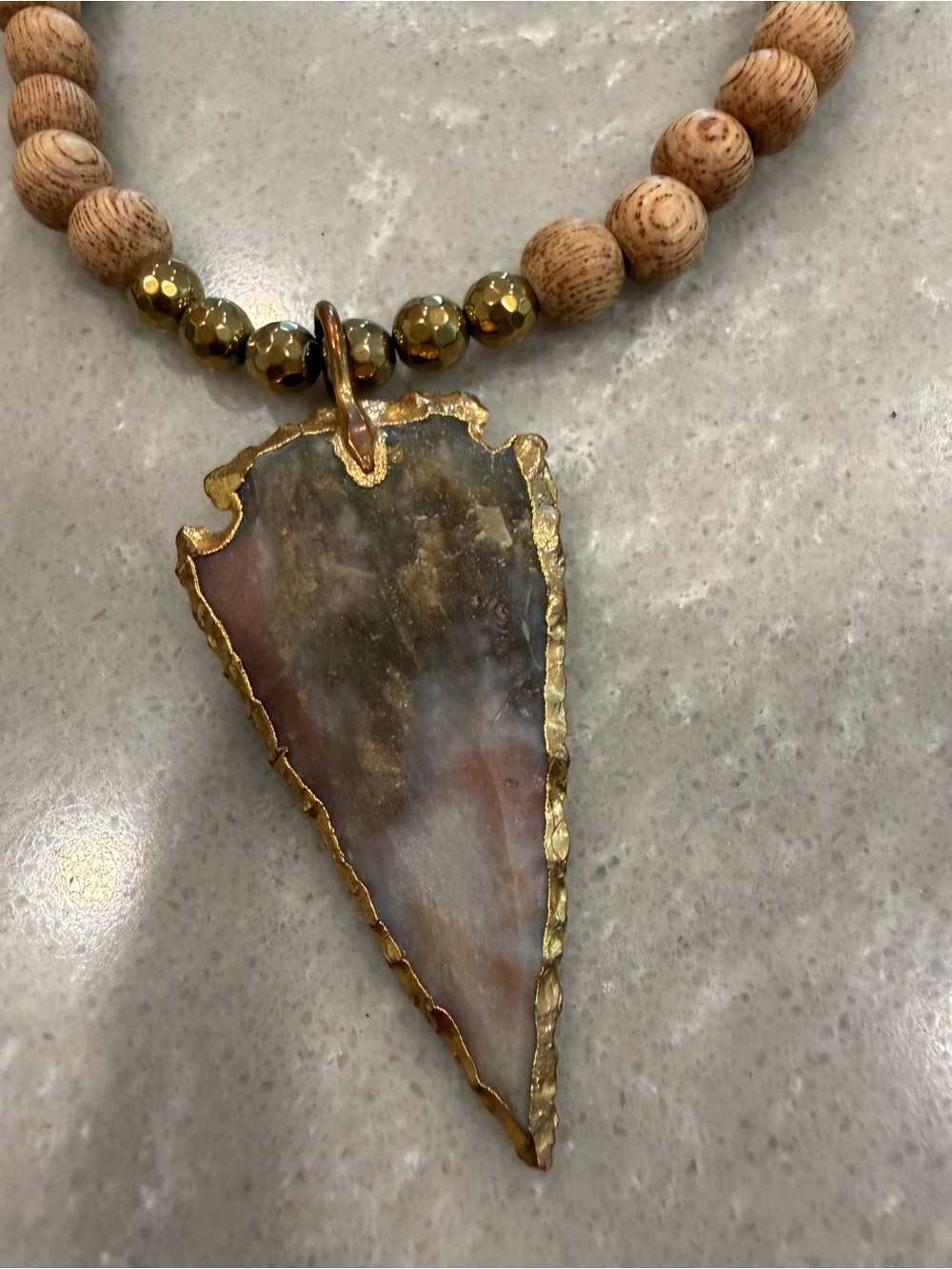 Boho Wood Bead Arrowhead Pendant Necklace Gold Tone Long Statement